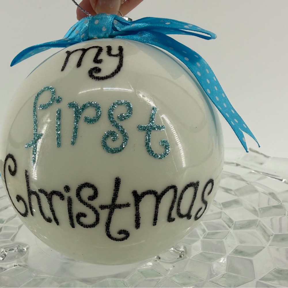 My First Christmas Baby Ornament‎ Glitter Handprint Blue Ribbon Gift Box